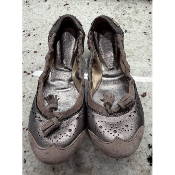 Tod's Women's Size 36.5 (US 6.5) Metallic Taupe Suede Tassel Driving Flats - Picture 11 of 13